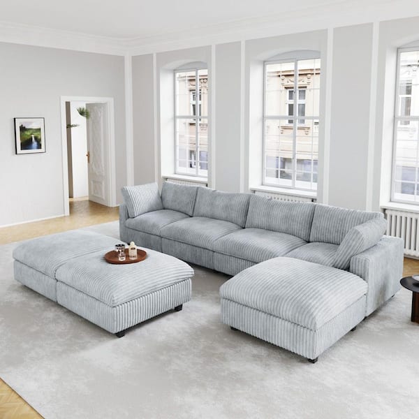 157 in. Square Arm Soft Faux Rabbit Fur Velvet 7-Piece Modular Sectional Sofa with Ottoman, Washable Covers in. Gray