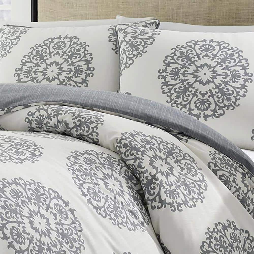 Full/Queen Gray Cotton Medallion Duvet Cover Set