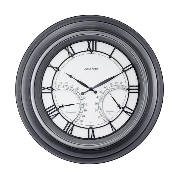 AcuRite 24 in. LED-Illuminated Outdoor Wall Clock with Thermometer/Humidity Sensor, Roman Numerals, Metal Frame, Glass Lens