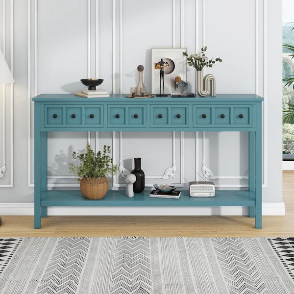Harper & Bright Designs 60 in. Turquoise Green Rectangle Solid Wood Rustic Entryway Console Table with 4-Drawers and Bottom Shelf