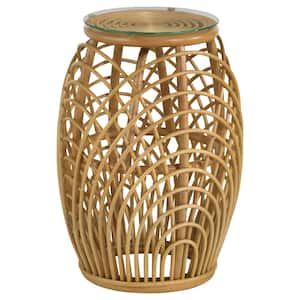Dahlia 16.25 in. Natural Round Glass Top Woven Rattan End Table