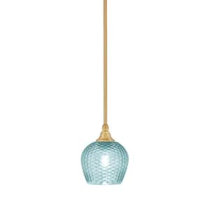 Sparta 100-Watt 1-Light New Age Brass Shaded Pendant Light Mini Pendant with Turquoise Glass and No Bulb Included