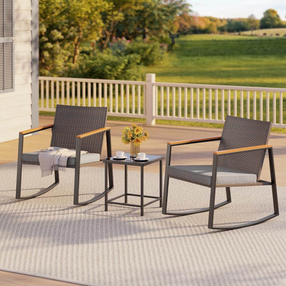 Gray Wicker and Steel 3-Piece Patio Rocking Chair Set