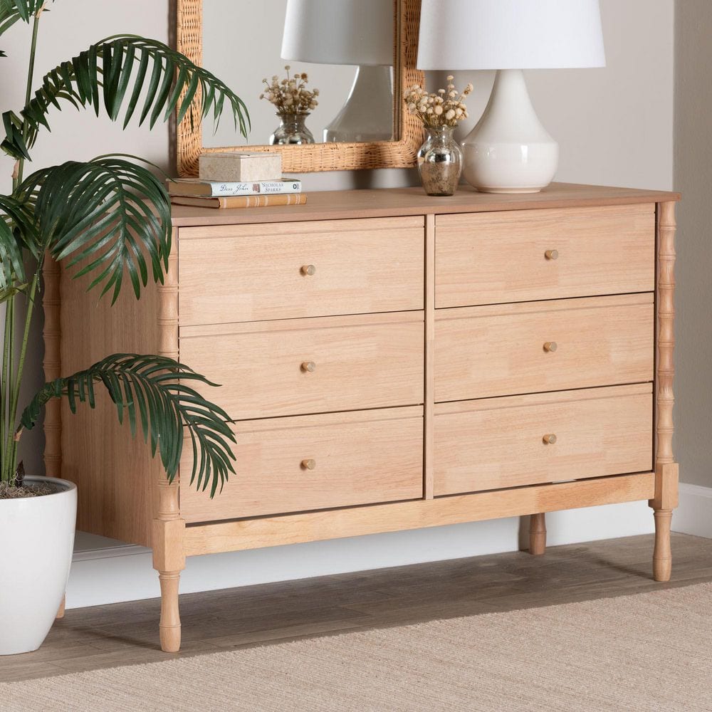 Baxton Studio Laurent Beech Brown Wood 6-Drawer 49.8 in. Dresser