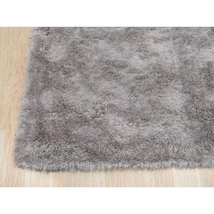 Silver 5 ft. x 8 ft. Hand Made Polyester Contemporary Solid London Shag Area Rug