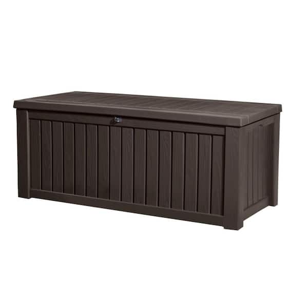 Keter Rockwood 150 Gal. Large Durable Resin Plastic Deck Box Outdoor Storage for Patio Lawn and Garden, Brown