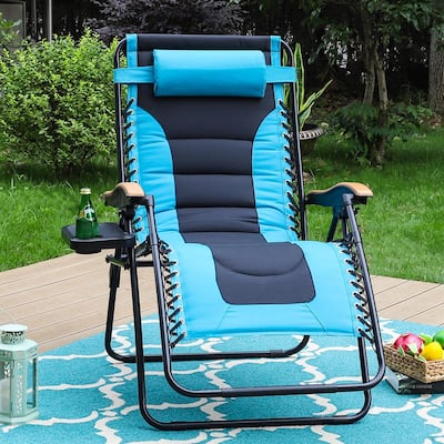 Black and Aqua Metal Oversized Padded Folding Zero Gravity Chair with Cup Holder Outdoor Patio Adjustable Recliner