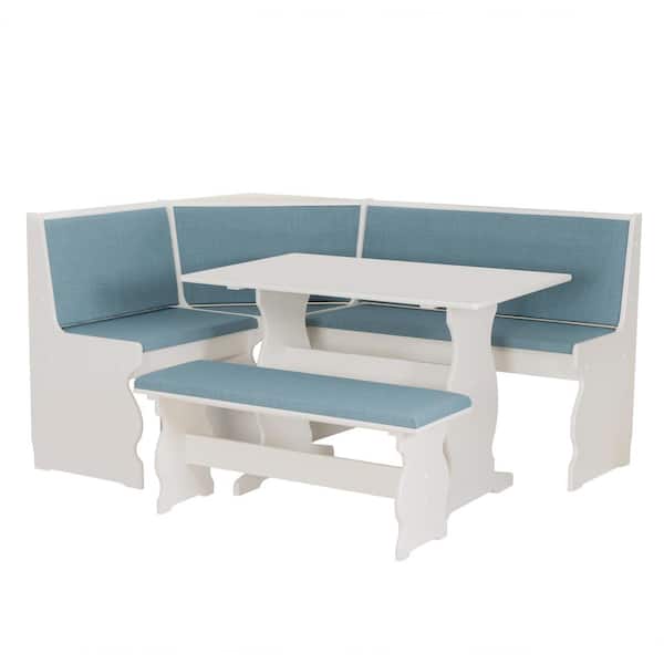 Ember 3-Piece L-Shaped White and Blue Wood Top Nook Dining Room Set Seats 5