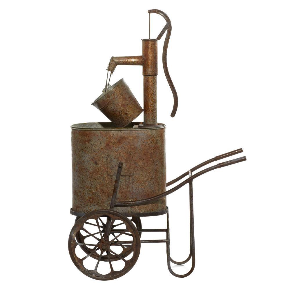 Vintage Brown Metal Hand Pump Fountain with Pail and Tub