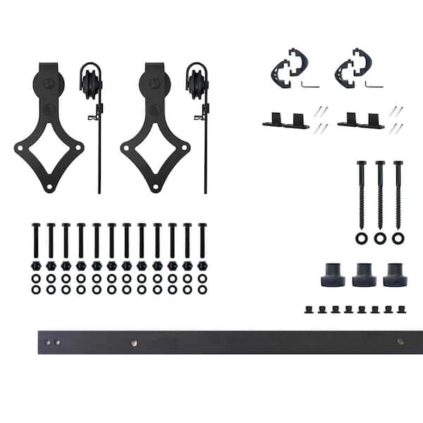 HOMACER 4 ft./48 in. Black Rustic Non-Bypass Sliding Barn Door Hardware Kit Diamond Design Roller for Double Doors