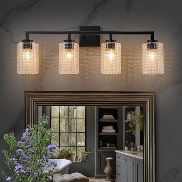 30.7 in. 4-Light Matte Black Bathroom Vanity Light with Clear Prismatic Glass Shades