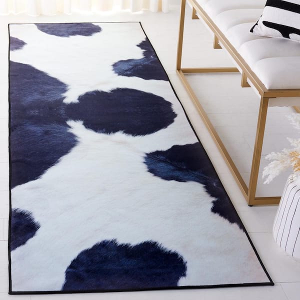 Faux Hide Ivory/Dark Blue 3 ft. x 8 ft. Machine Washable Animal Print Runner Rug