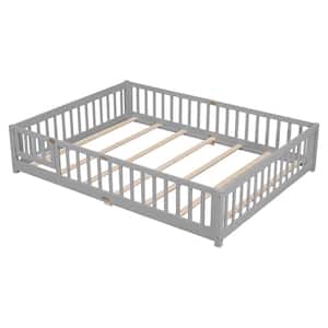Gray Queen Size Floor Platform Bed with Safety Guardrails, Toddler Floor Bed Frame with Fence
