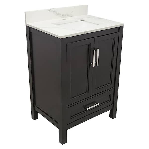 Amluxx Salerno 25 in. W x 19 in. D Bath Vanity in Espresso with Quartz Stone Vanity Top in Calacatta White with White Basin