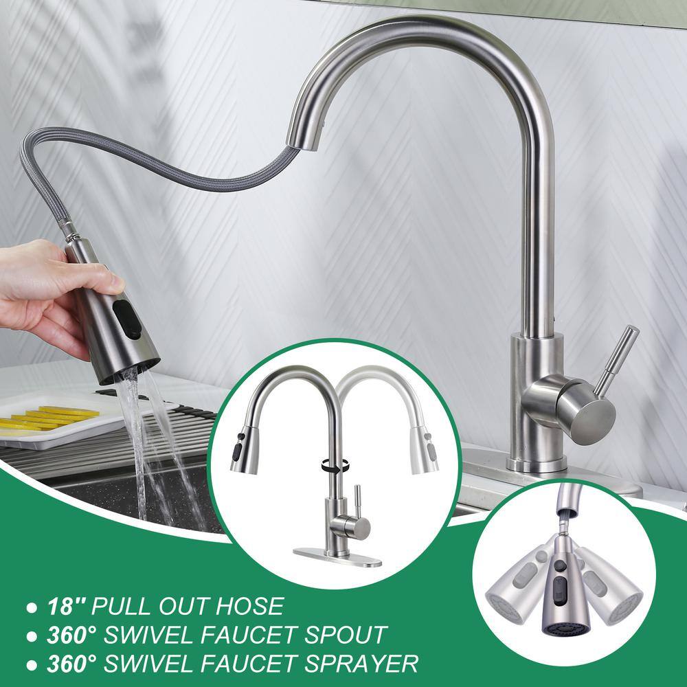 Brushed Nickel Single Handle Pull Down Kitchen Faucet with Glass Rinser