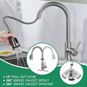 Single Handle Pull Down Sprayer Kitchen Faucet with Deckplate and Glass Rinser in Brushed Nickel