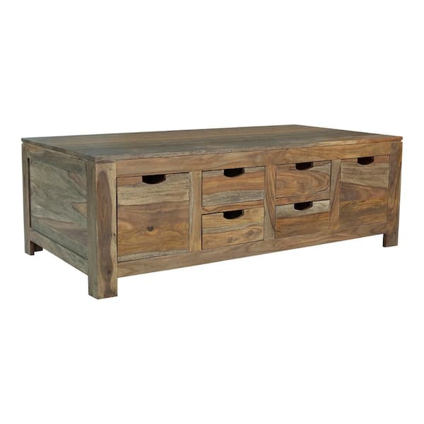 Benjara Dale 27.5 in. Brown Rectangle Wood Coffee Table with 6 Gliding Pull Out Drawers