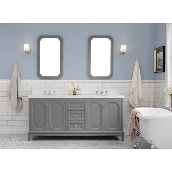 Water Creation Queen 72 in. Cashmere Grey With Quartz Carrara Vanity Top With Ceramics White Basins