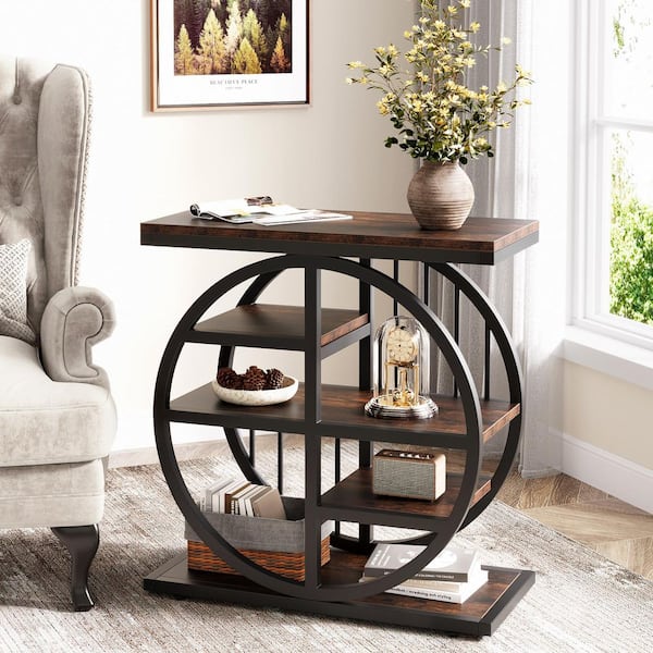 Andrea 23.6 in. Rustic Brown Rectangle Wood End Table Set of 2, Sofa Side Table with Storage Shelves
