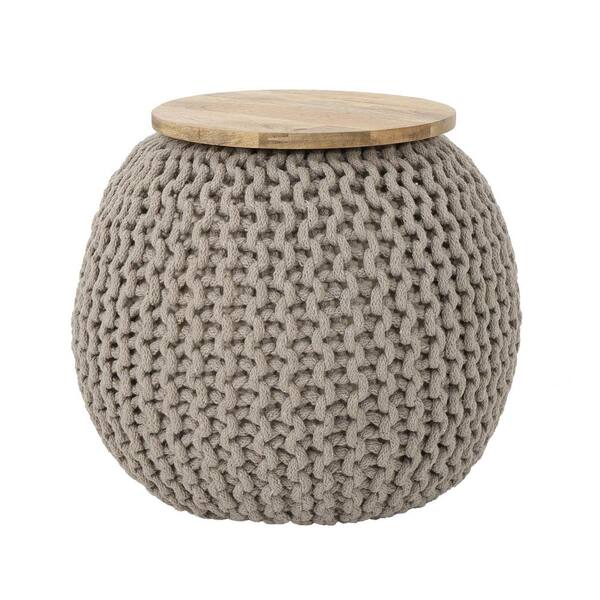 Noble House Elliotte Boho Beige Knitted Cotton Ottoman with Mango Wood Top