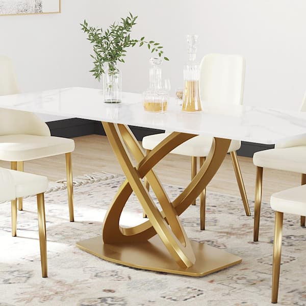 Magic Home 78.74 in. White Sintered Stone Tabletop Gold Cross Legs 