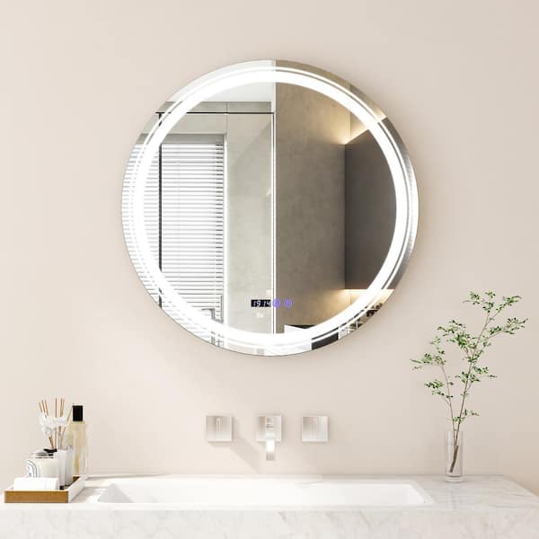 FORCLOVER 32 in. W x 32 in. H Round Frameless Anti-Fog Dimmable LED Wall Mount Bathroom Vanity Mirror in Silver