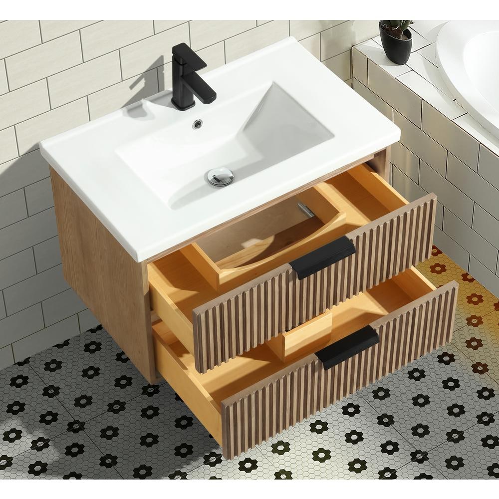San Diego 30" Weathered Fir Wall-Mount Bathroom Vanity with Ceramic Top