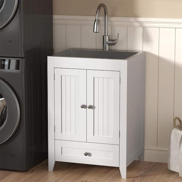 Karl home 24 in. D Drop-In Laundry/Utility Sink in White with Cabinet and Pull-Out Sprayer Faucet