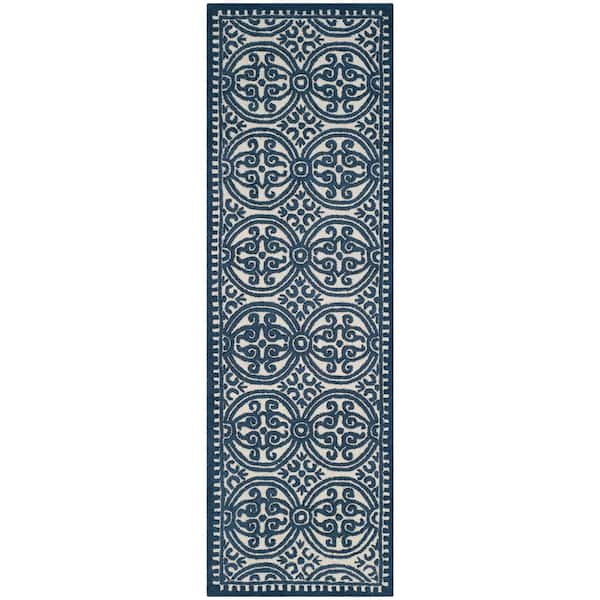 Cambridge Ivory/Navy 3 ft. x 12 ft. Geometric Runner Rug