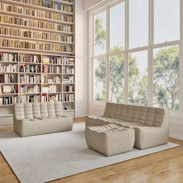 Armless 3-Piece Linen Modular Sectional Sofa 82.6 in. 3-Seater Fireside Floor Sofa Couch with Loveseat, Ottoman in Khaki