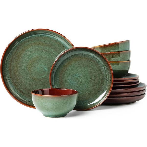 12-Piece Sage Green Modern Stoneware Kitchen Dinnerware Sets with Plates and Bowls (Service for 4)