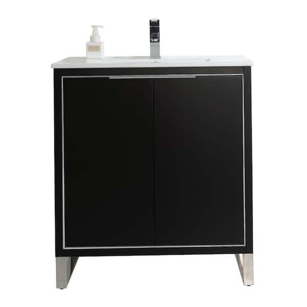 FINE FIXTURES Opulence 30 in. W x 18 in. D x 33.5 in. H Bath Vanity in Black Matte with White Ceramic Top