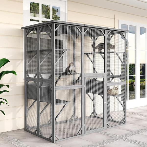 FUFU GAGA 71 in. Gray Large Outdoor Cat House Weatherproof Wooden Cats Catio Cat Cage Enclosure with 7 Platform and 2 Small House Y THD 150139 0102 c The Home Depot