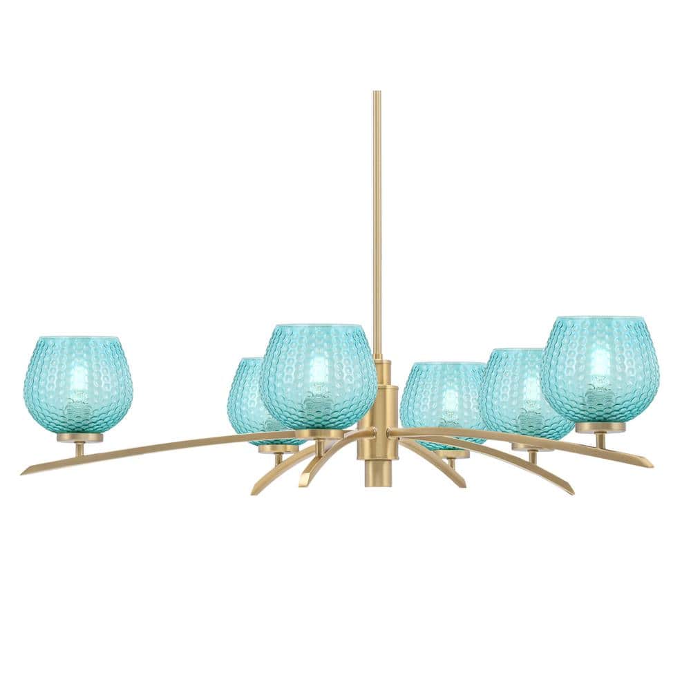 Siena 31.75 in. 6 Light New Age Brass Chandelier with Turquoise Textured Gl