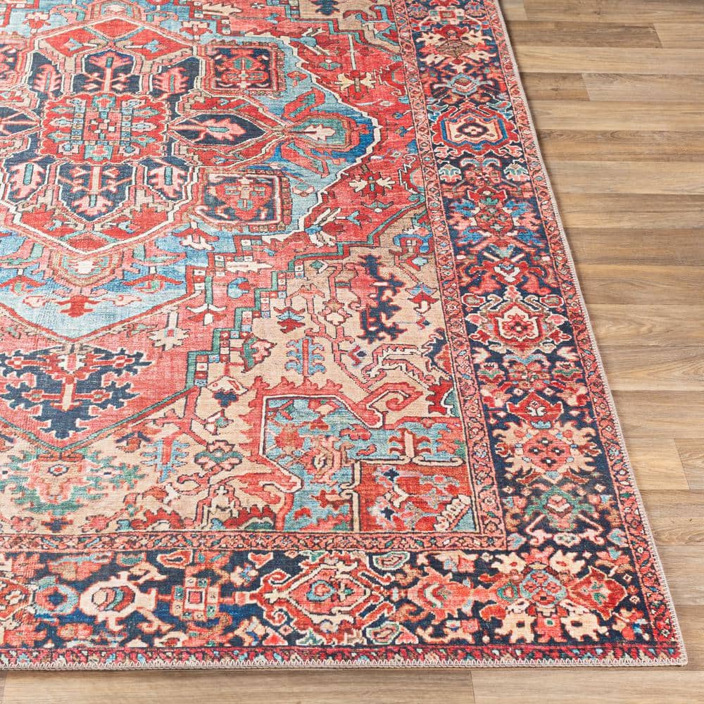 Bright Red and Blue Synthetic Vintage Rectangular Area Rug