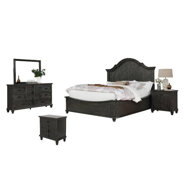 Best Quality Furniture Panel 5-Piece Rustic Grey California King Bedroom Set with Nightstand