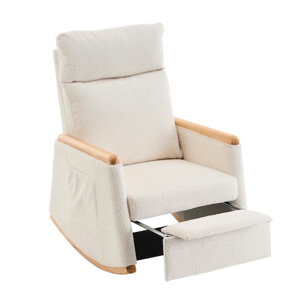 Unbranded Accent Wood Outdoor Rocking Chair with Footrest, High Back, Side Pockets and Beige Cushions for Bedroom, Living Room