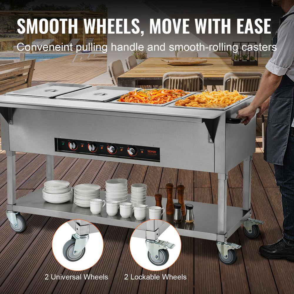 Silver Stainless Steel 4-Pan Commercial Food Warmer with Wheels