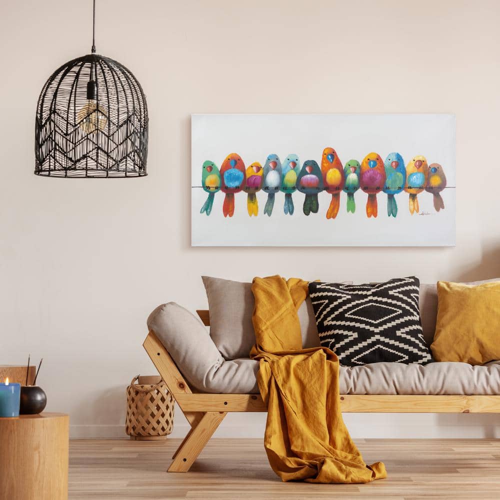 Colorful Birds on Wire Acrylic Canvas Painting, 24x48 inches