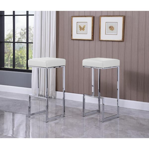 Best Master Furniture Jupiter Lane 31 in. H White / Faux Leather Backless Metal Bar Stools with Silver Base (Set of 2)