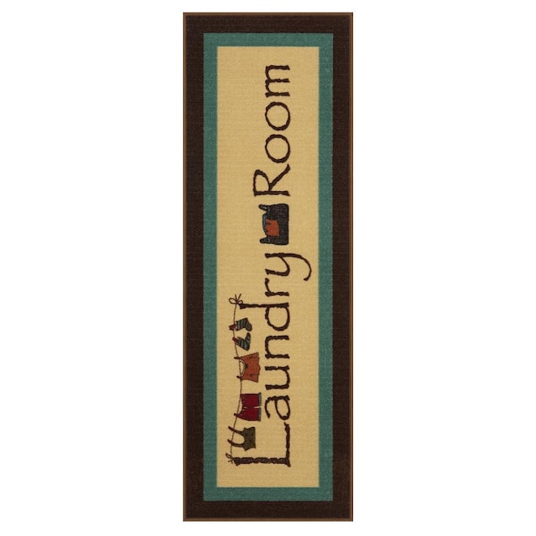 Ottomanson Laundry Collection Non-Slip Rubberback Bordered 2x5 Laundry Room Runner Rug, 20 in. x 59 in., Beige Laundry