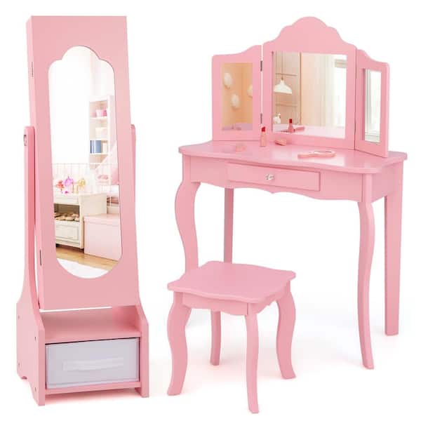 Costway Kids Vanity Set Princess Makeup Dressing Table and Chair Set with Jewelry Armoire Pink