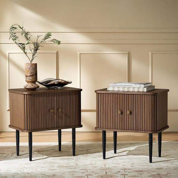 Dawn Walnut 21.6 in. W Slattd Tambour Door Nightstand with Metal Legs (Set of 2)