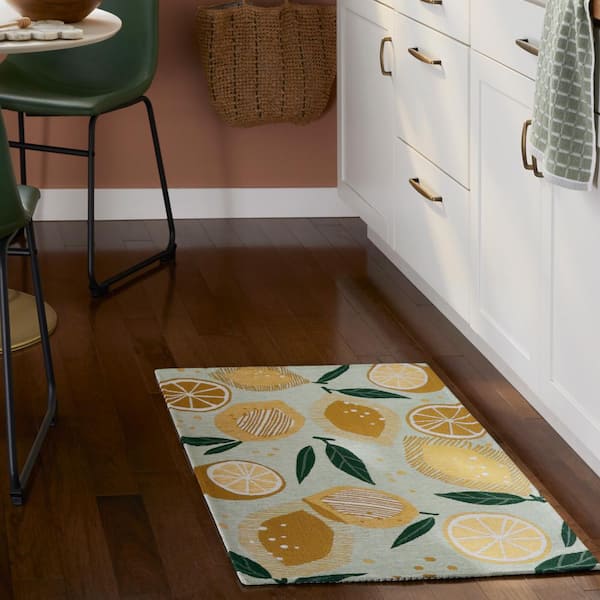 Luxe Livie Fresh Lemon Seafoam Green 24 in. x 40 in. Machine Washable Kitchen Mat