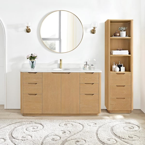ROSWELL Abuja 60 in. W x 22 in. D x 33.9 in. H Single Bath Vanity in Washed Ash Grey with White Engineered Stone Top