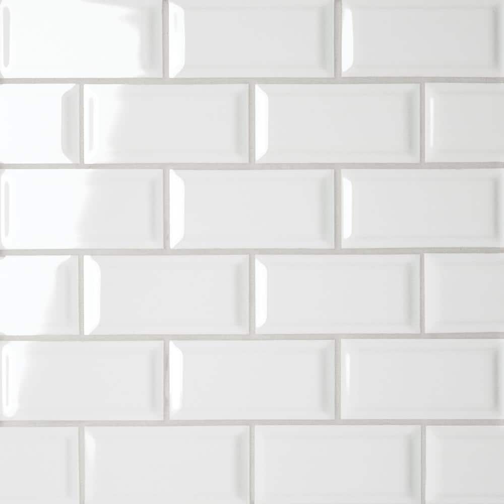 White Glossy Porcelain Bevel Mesh Mount Mosaic Tile