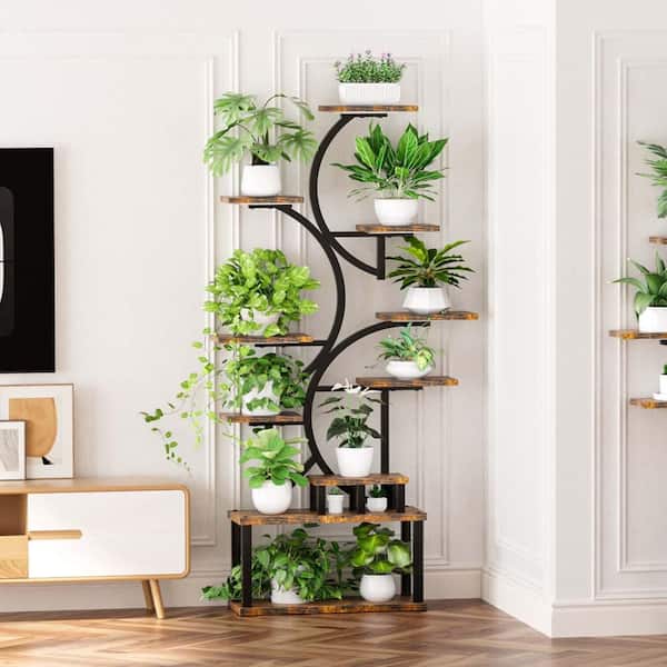 Unbranded 10-Tier Wood Plant Stand (24 in. H W x 69 in. H) Corner Plant  Rack with 5 Grow Lights, Plant Shelf Plant Flower Holder W2887P288470Q