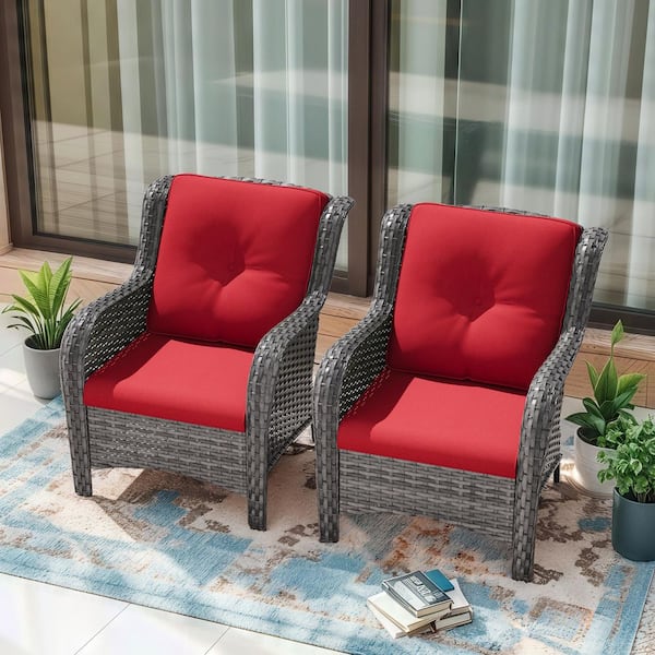 Ergonomic Arm 2-Piece Patio Wicker Outdoor Lounge Chair with Red Cushions