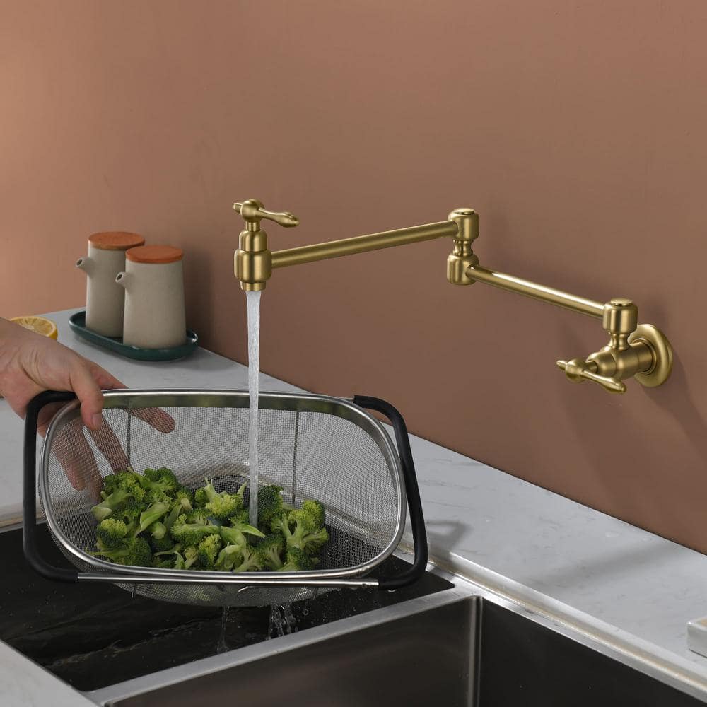 Brushed Gold Brass Double Handle Wall Mount Pot Filler Faucet