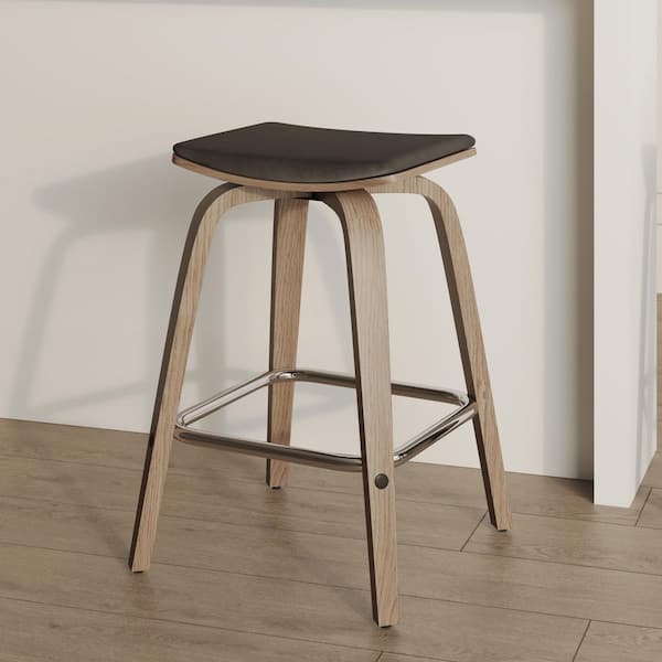 25 in. Counter Height Stool in Leather with Poplar Wood Legs 360 sq. Swivel Seat in Washed Walnut/Brown